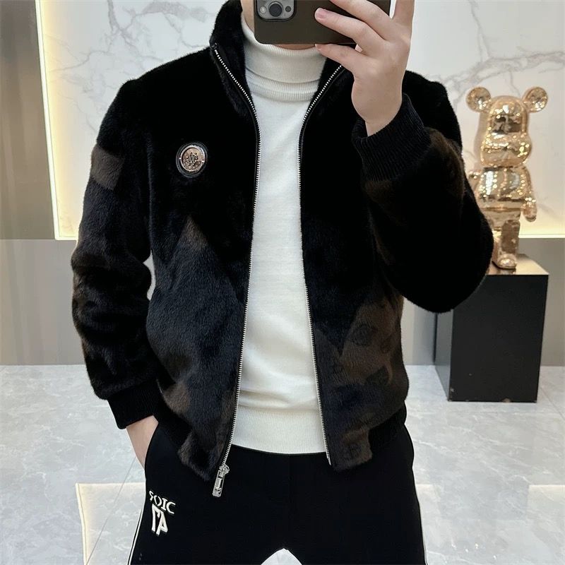 新款冬季仿皮草夹克男装冬季加厚保暖貂绒皮毛帅气男士立领外套潮