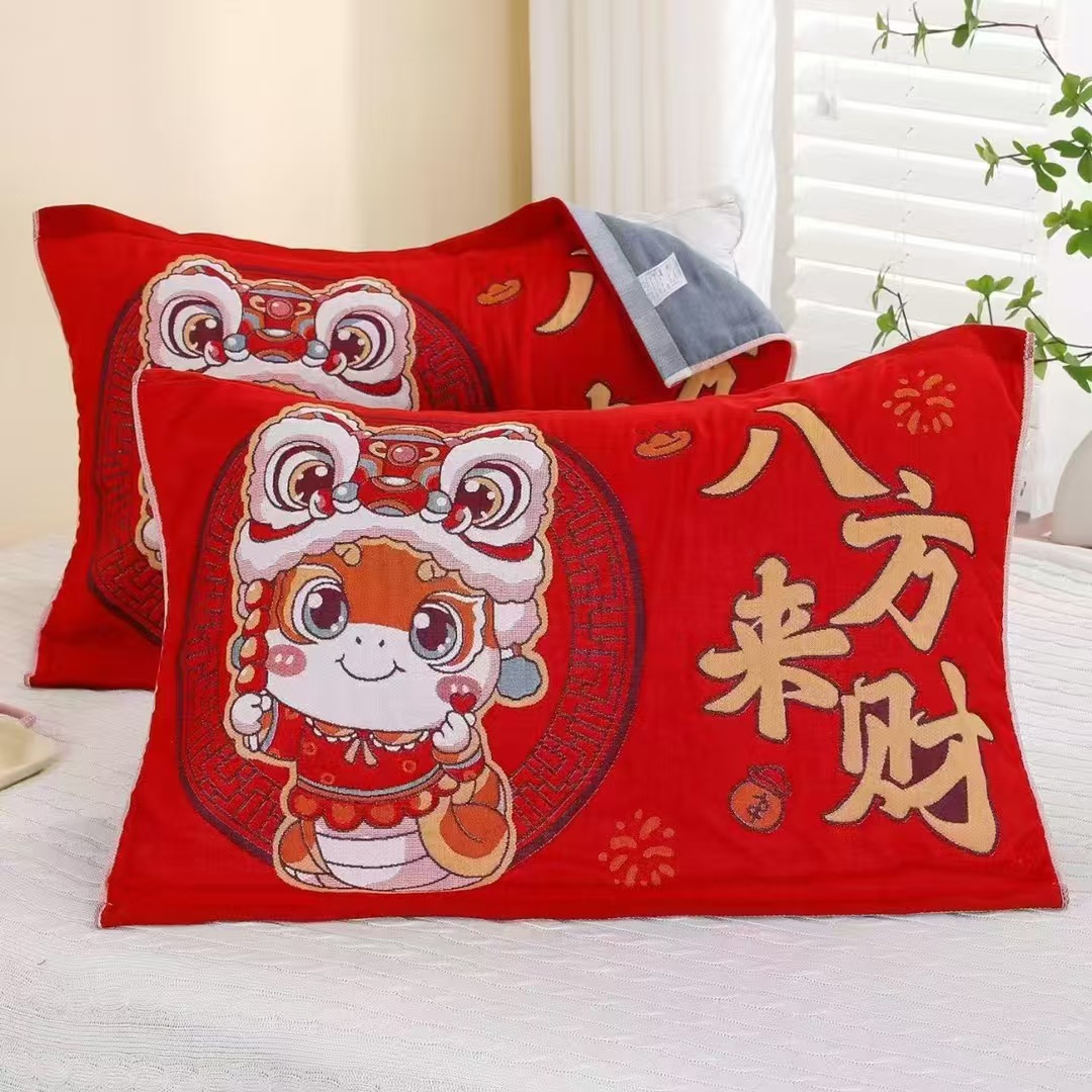 蛇年新品春节八层枕巾新春福红色过年加大加厚纱布枕巾