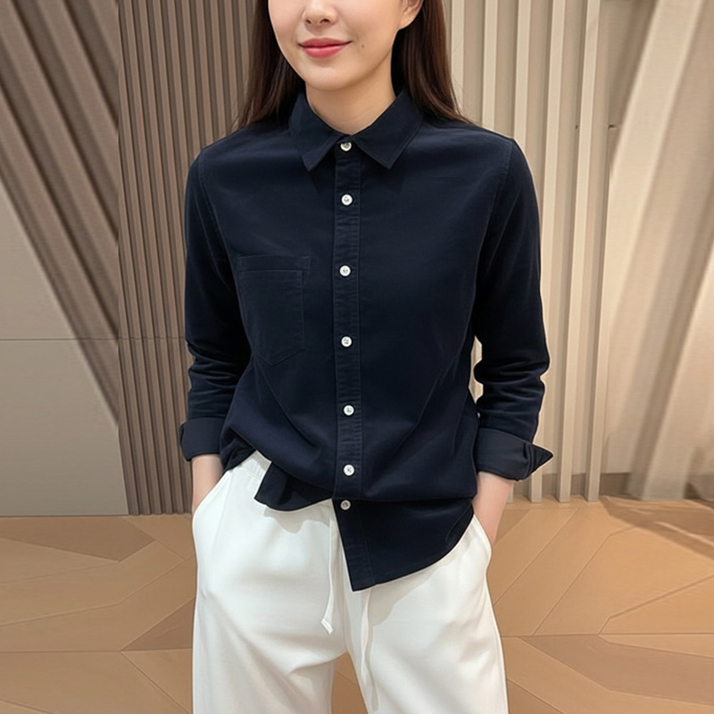 韩版百搭宽松polo领条绒衬衫潮2026秋冬时尚休闲中长款纯色上衣女