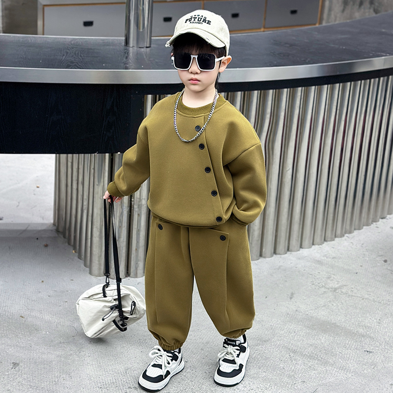 2025春秋新款男童套装纽扣套头卫衣中小童两件套男宝宝春秋装