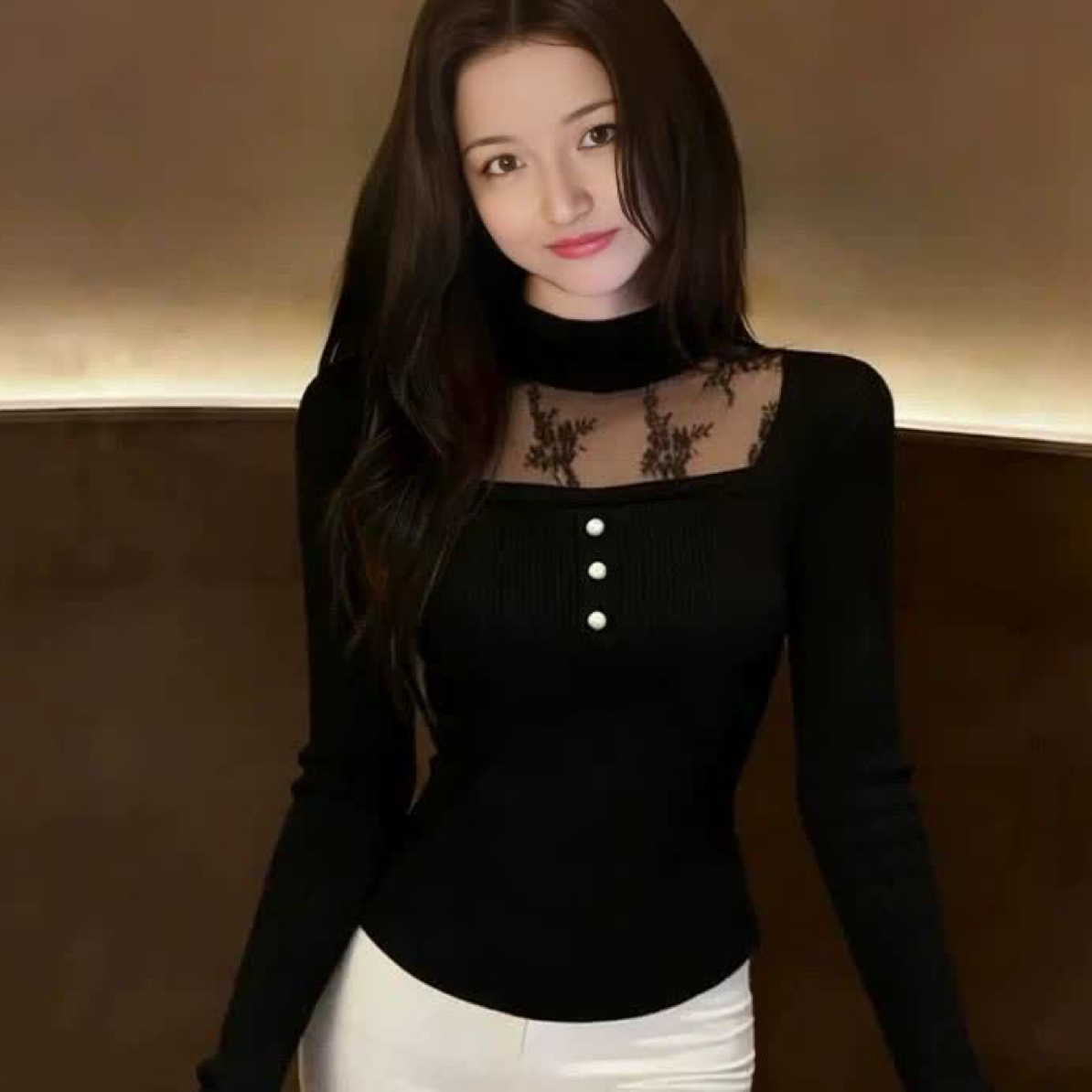 法式减龄蕾丝拼接长袖针织打底衫女秋冬修身显瘦内搭性感上衣