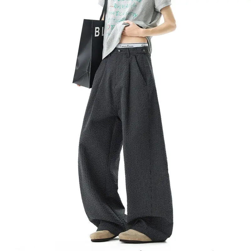 老钱风黑色格纹休闲裤男女夏季潮牌垂感弯刀阔腿裤百搭宽松伞兵裤