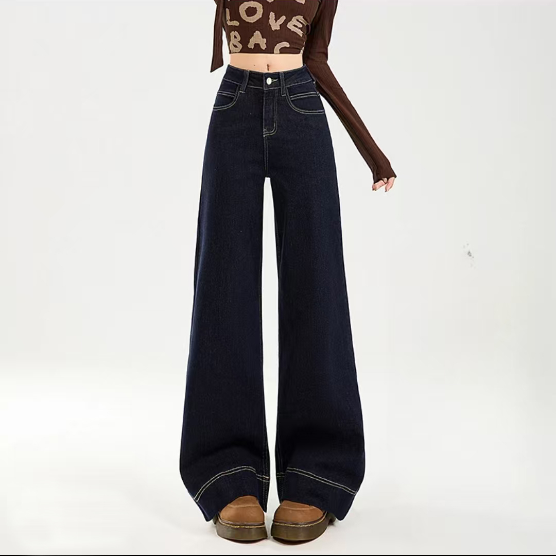 丹宁色阔腿牛仔裤女秋季新款2025高个子长裤微弹力阔腿裤子
