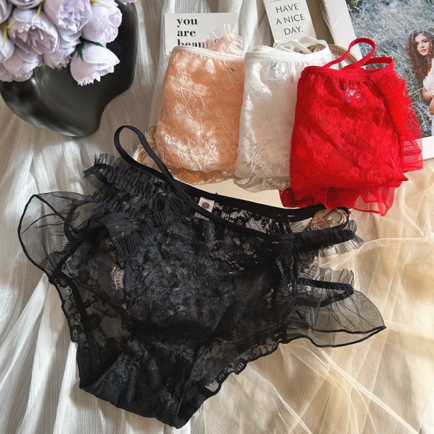 大码女士蝴蝶蕾丝网纱透气中高腰三角内裤舒适棉裆性感