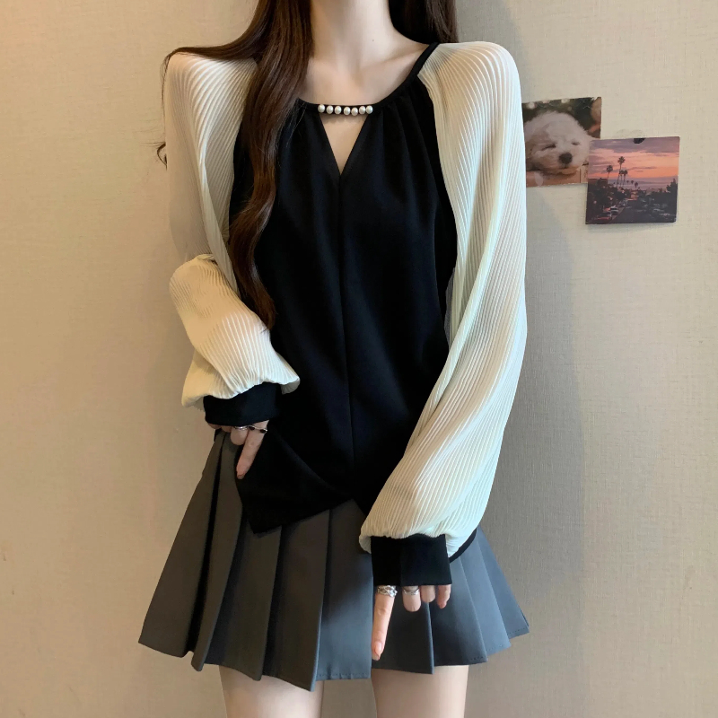 大码女装遮肚子小香风正肩雪纺衬衫春秋胖妹妹显瘦长袖打底衫上衣