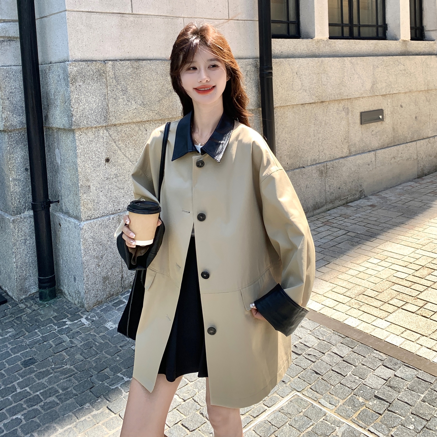 甜美气质复古撞色拼接风衣外套女2025秋季新款显瘦高级感流行大衣