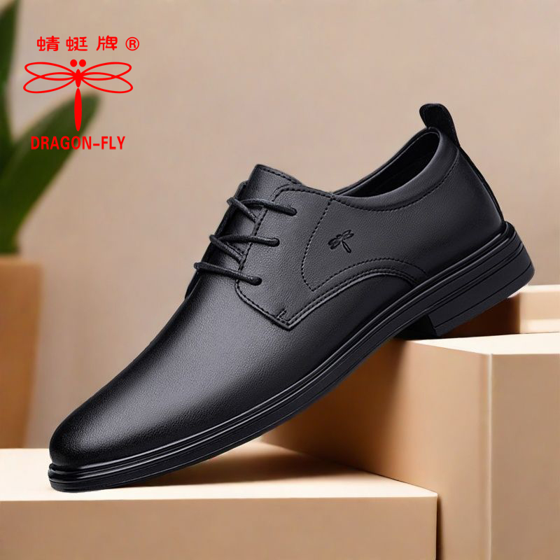 蜻蜓牌秋冬男士青年皮鞋软底系带休闲商务通勤软面低跟加绒小皮鞋