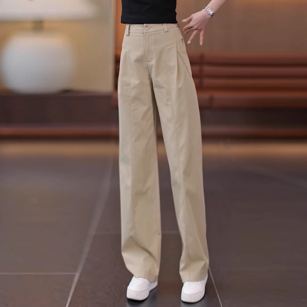 拉夏贝尔 弯刀阔腿裤女春秋2025新款高腰宽松垂感直筒休闲西装裤
