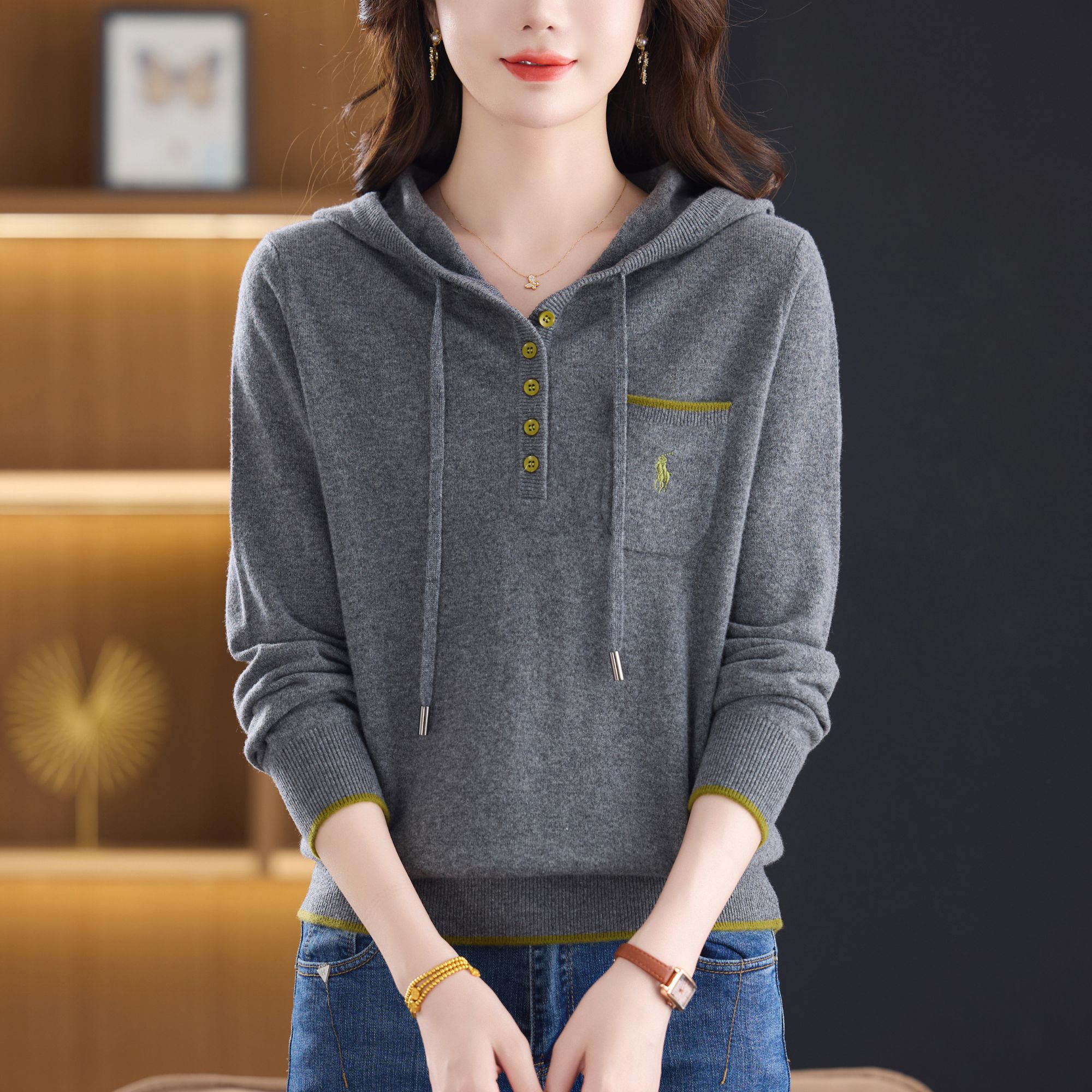 100%羊毛高级感连帽纯羊毛衫女式秋冬新款针织打底衫时尚百搭毛衣