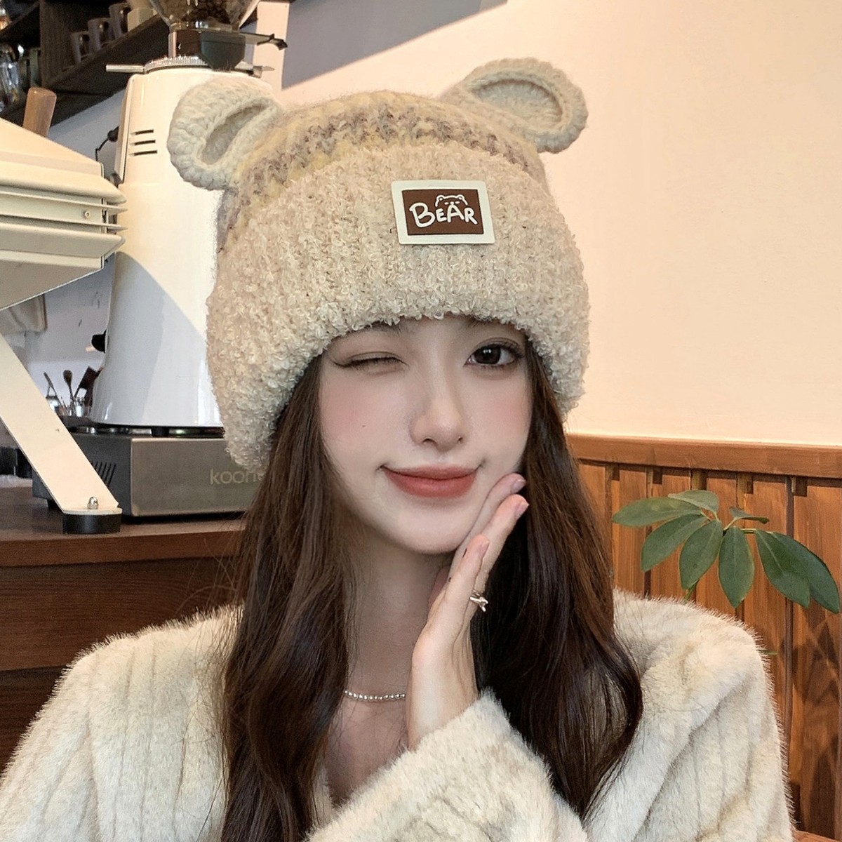 2025新款可爱小熊耳朵针织帽秋冬季加绒加厚保暖毛线帽彩色套头帽