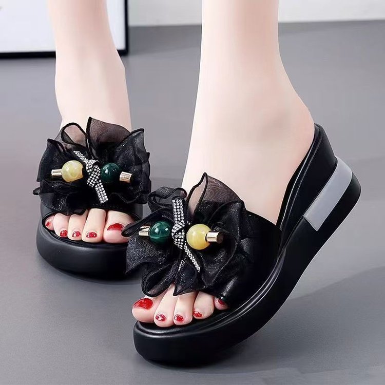 女士外穿拖鞋2025夏季新款平底平跟花朵蝴蝶结真软皮百搭韩版凉拖
