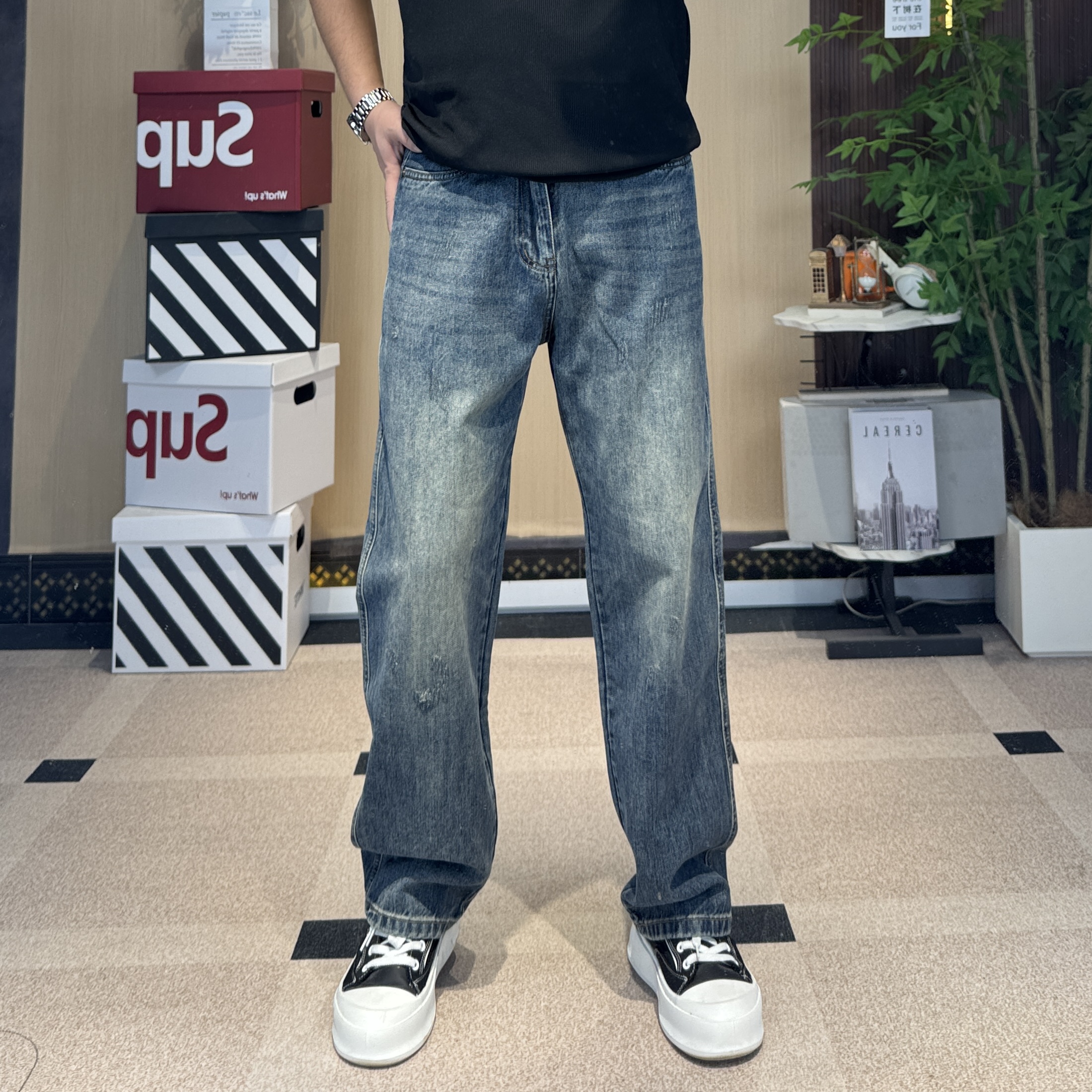 【宽松直筒】2025男款秋冬宽松直筒牛仔裤简约通勤刺绣水洗猫抓长裤