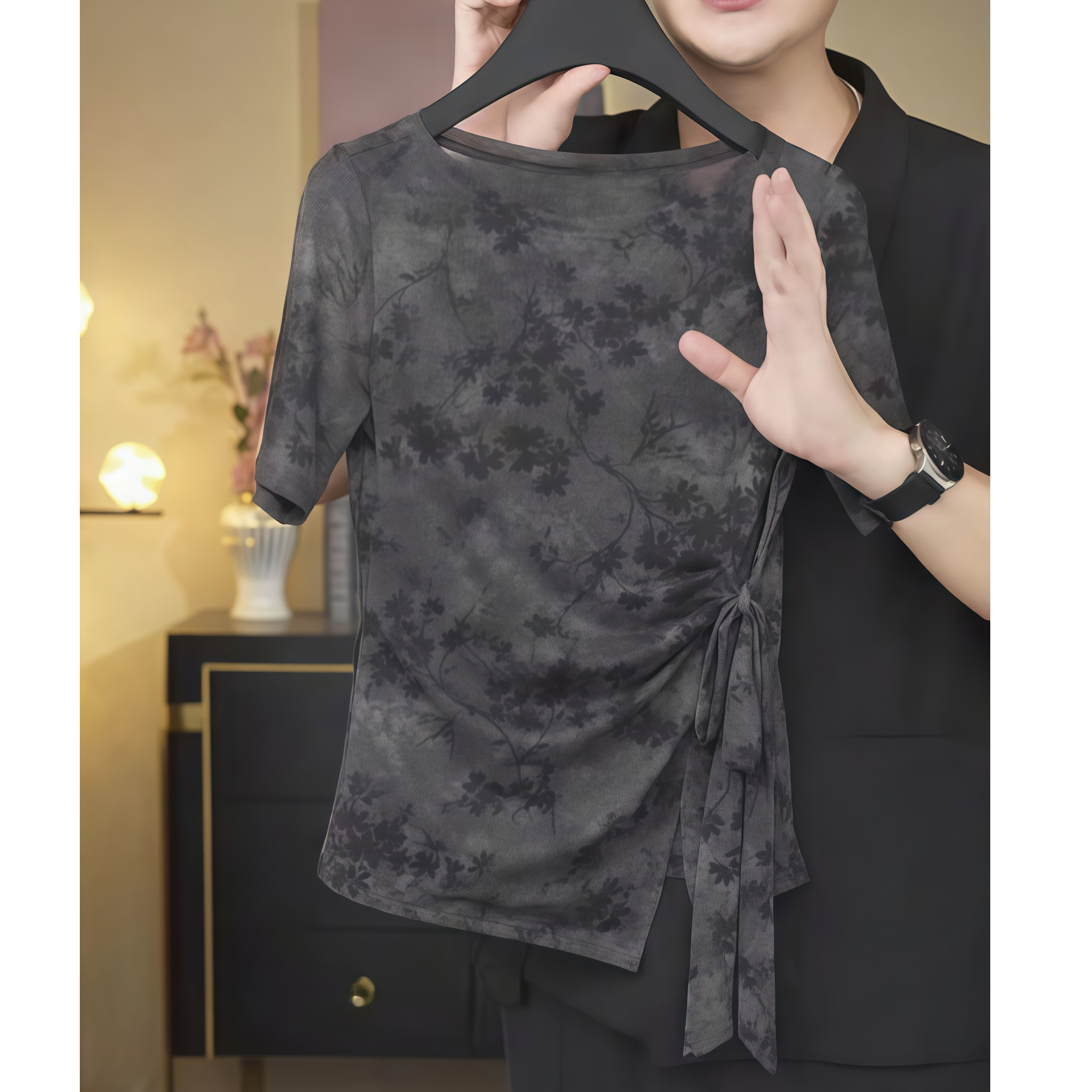 【墨枝绕带】新款高级感碎花绑带蝴蝶结短袖网纱T恤女显瘦复古上衣