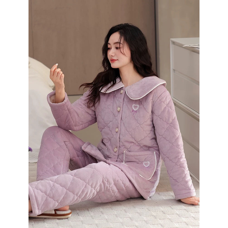 睡衣女款秋冬款法兰绒三层加厚夹棉加绒特厚冬天淑女入冬家居服