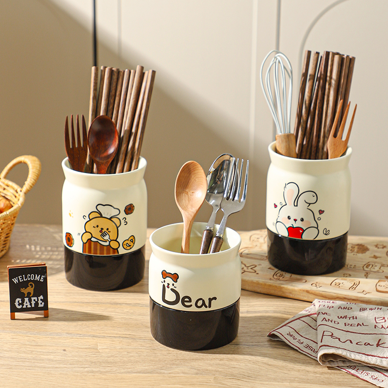 舍里创意卡通陶瓷筷子筒轻奢家用沥水架筷笼刀叉勺子餐具收纳盒