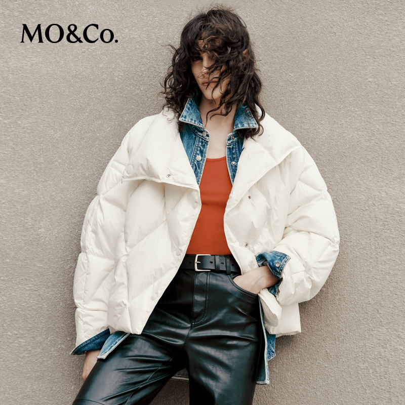 MOCO冬季90绒高领大翻领菱格纹短款鸭绒羽绒服面包服MBD3EINK02