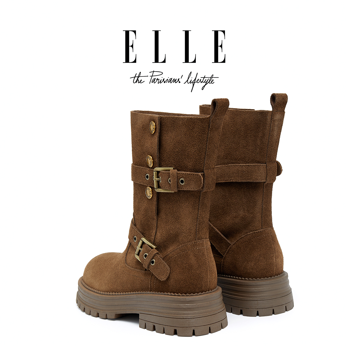 ELLE"游牧女骑"复古纽扣翻折两穿西部牛仔靴女美拉德中筒小众短靴