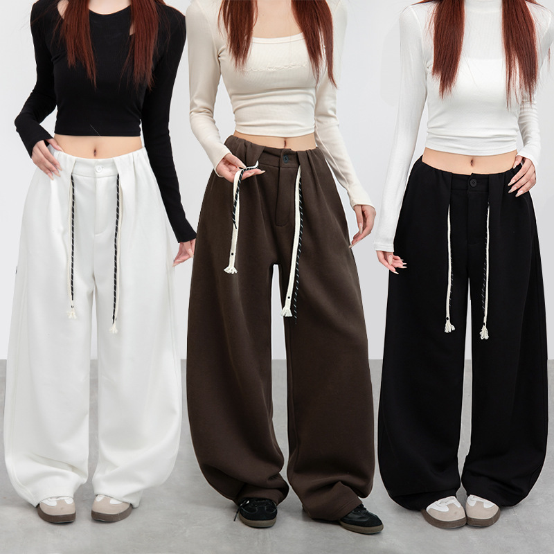 新款秋冬华棉宽松休闲阔腿裤小个子酷飒风抽绳拖地弯刀镰刀裤