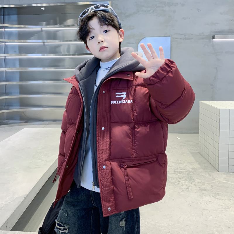 男童冬季帅气棉服2025新款中大童男孩冬装加厚假两件棉衣红色年服
