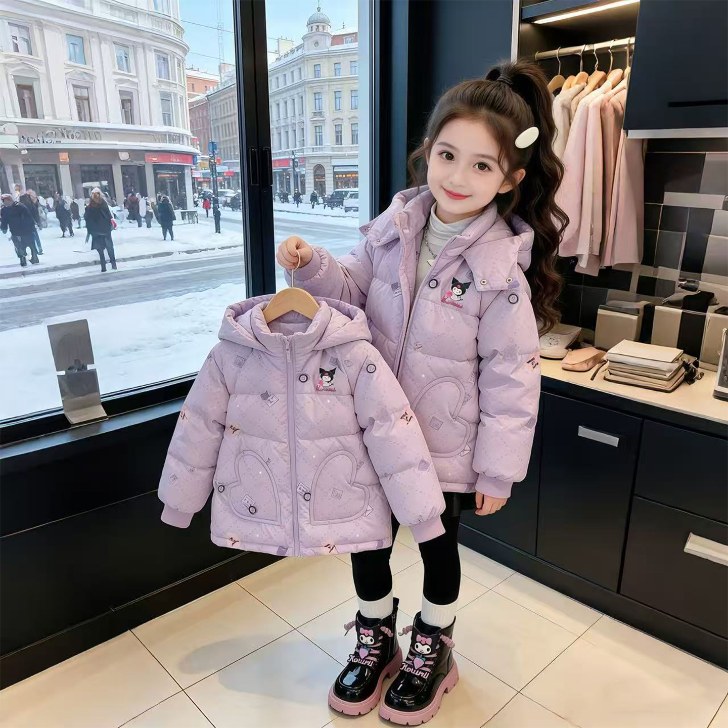 女童冬装库洛米棉衣2025冬季新款儿童加厚连帽外套卡通碎花上衣