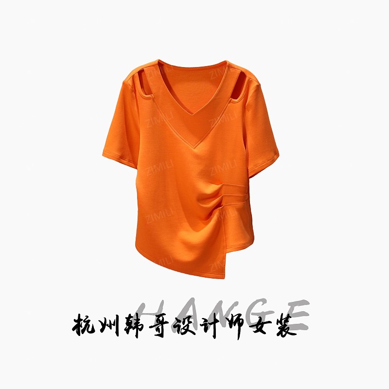 【韩哥女装】2025欧版爱玛橙V领镂空束腰显瘦休闲气质短袖9659-Q1
