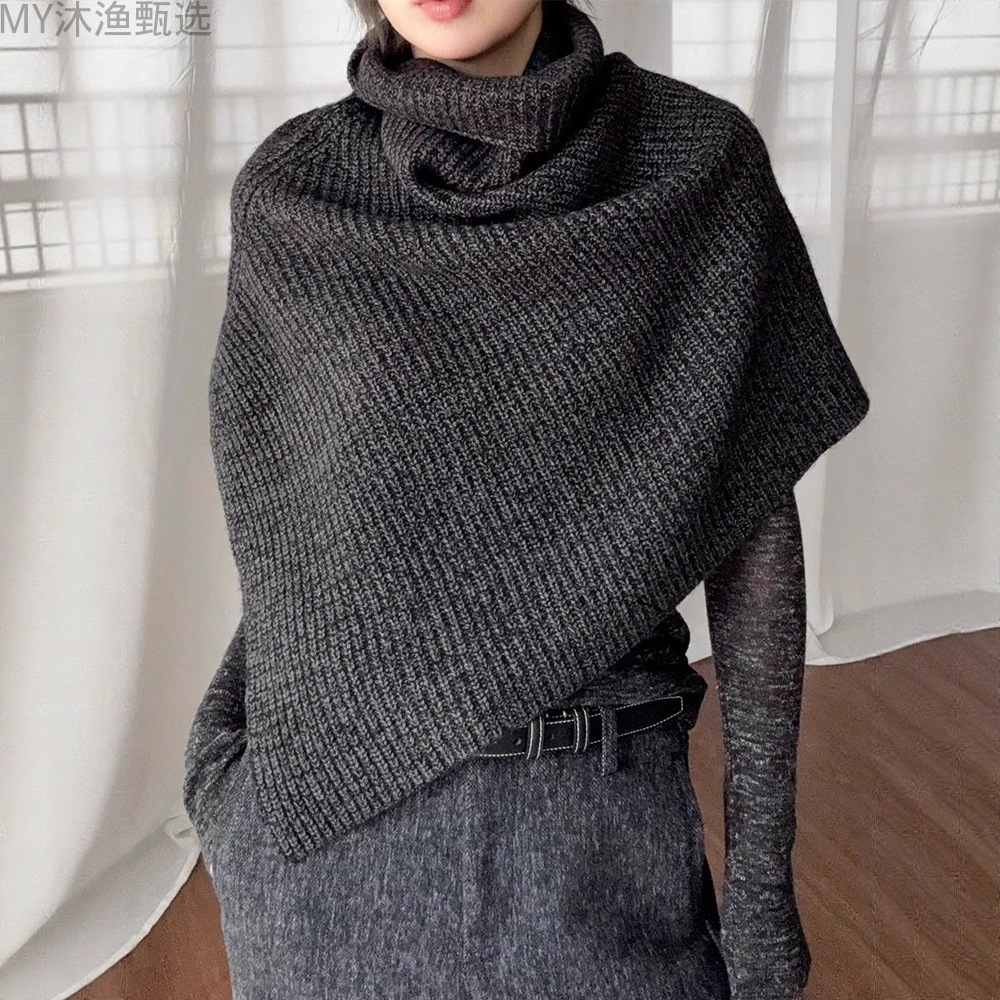 冬季女深灰色高领针织围巾高级感叠穿开叉披肩斗篷围披肩围脖厚