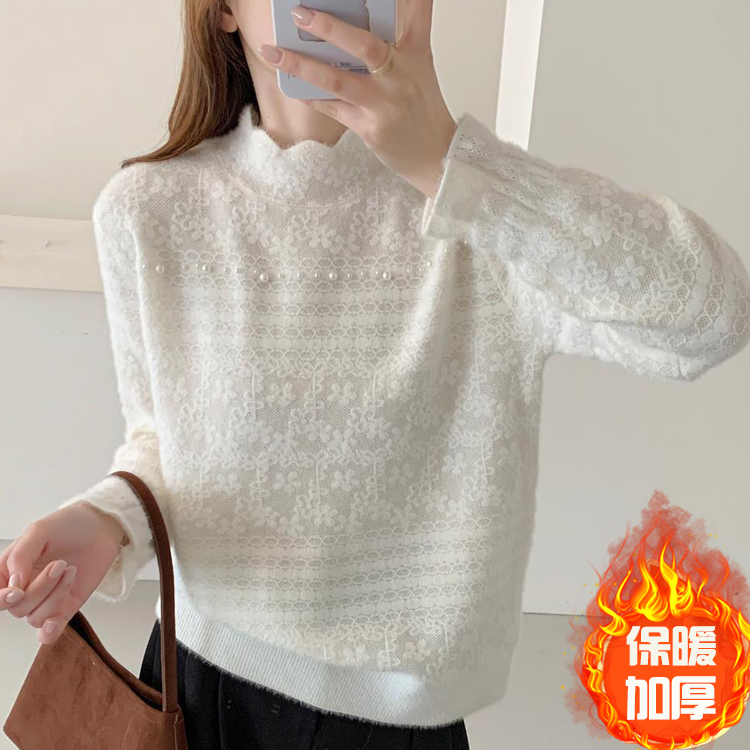 【3D提花工艺】半高领针织打底衫女内搭上衣冬新款洋气加绒加厚毛衣