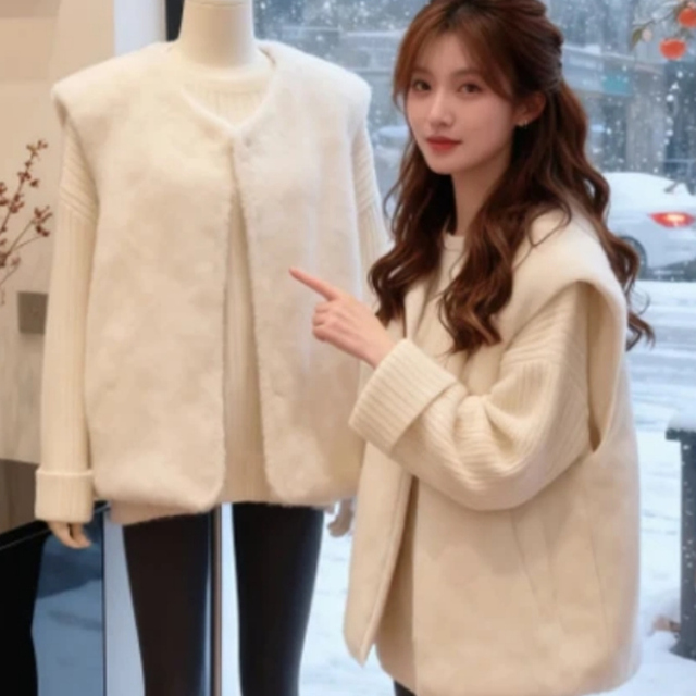 大码慵懒羊羔毛马甲毛衣两件套2025秋冬胖mm宽松显瘦韩系气质套装