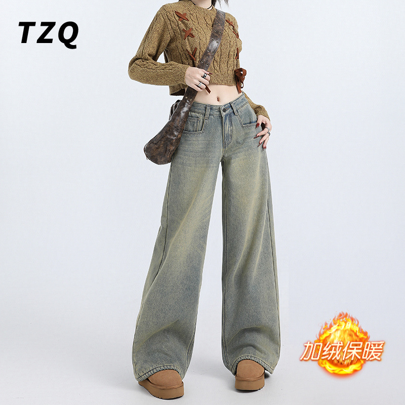 美式复古怀旧阔腿女爆款2025秋季加绒高腰显瘦直筒裤子秋冬服饰