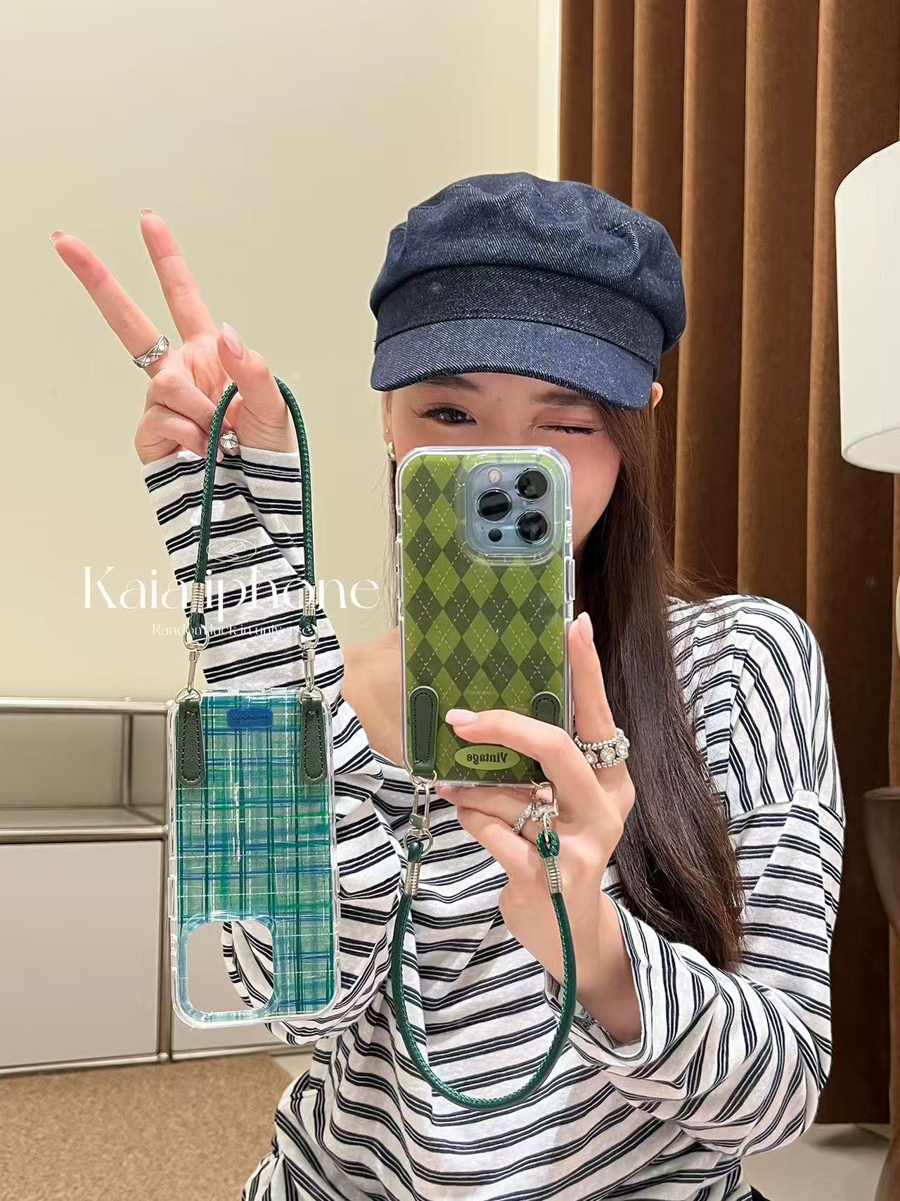 秋冬学院风复古墨绿格纹适用苹果16promax手机壳14新款15女挂绳款