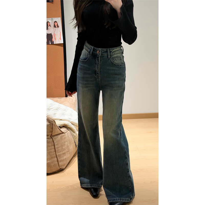 YPP!【长腿神裤】秋冬显瘦高腰复古洗水猫须纹弹力薄绒牛仔裤