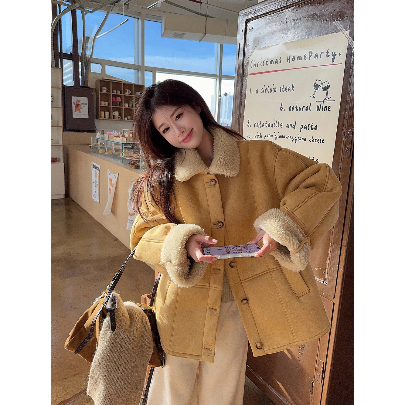溪溪靓衫~ins爆款滑雪外套！冬季加厚仿皮毛一体！新款宽松中长款