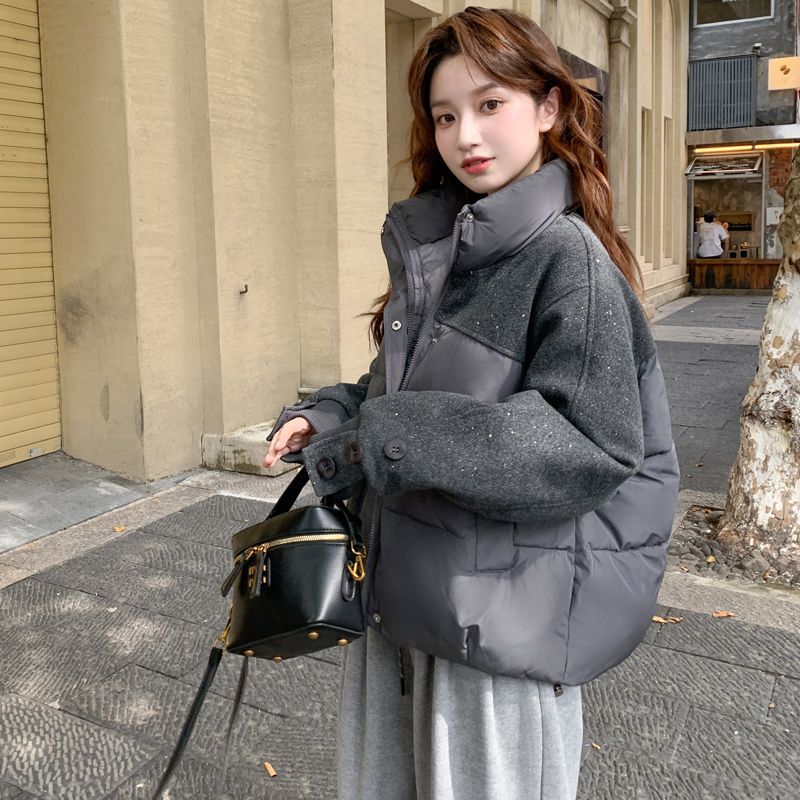 冬季短款毛呢拼接棉服加厚款拉链立领常规长袖时尚休闲棉衣外套