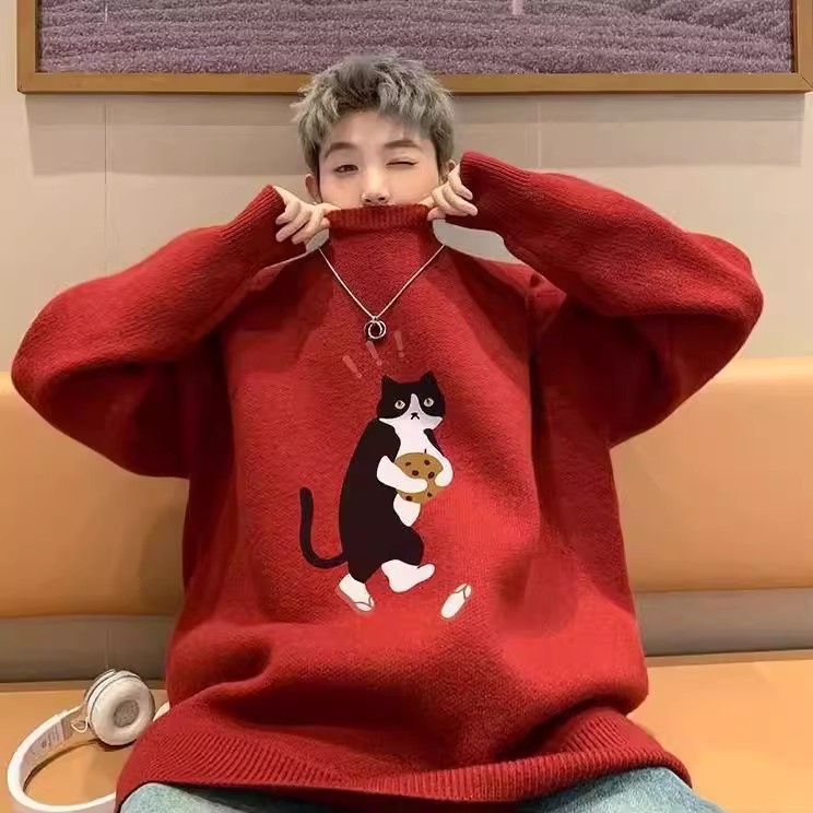 300斤特大码秋冬款小猫印花毛衣酒红色复古慵懒风针织衫上衣男女