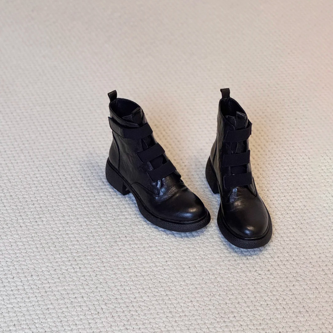 羊皮版~厚底魔术贴短靴英伦风一脚蹬通勤靴子小个子增高瘦瘦靴女