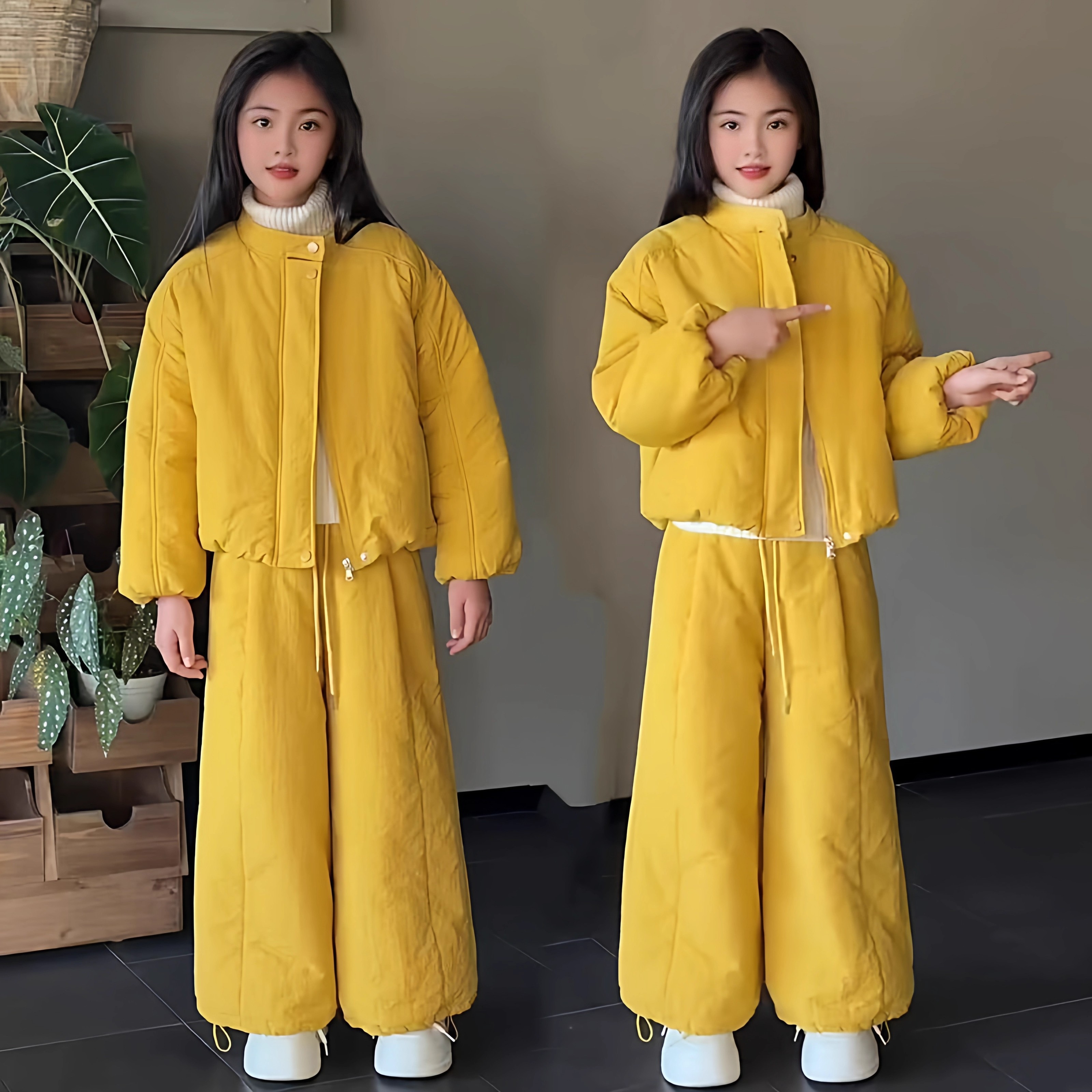 女童冬季新款棉服套装韩范潮酷立领加厚棉衣外套时髦阔腿裤两件套