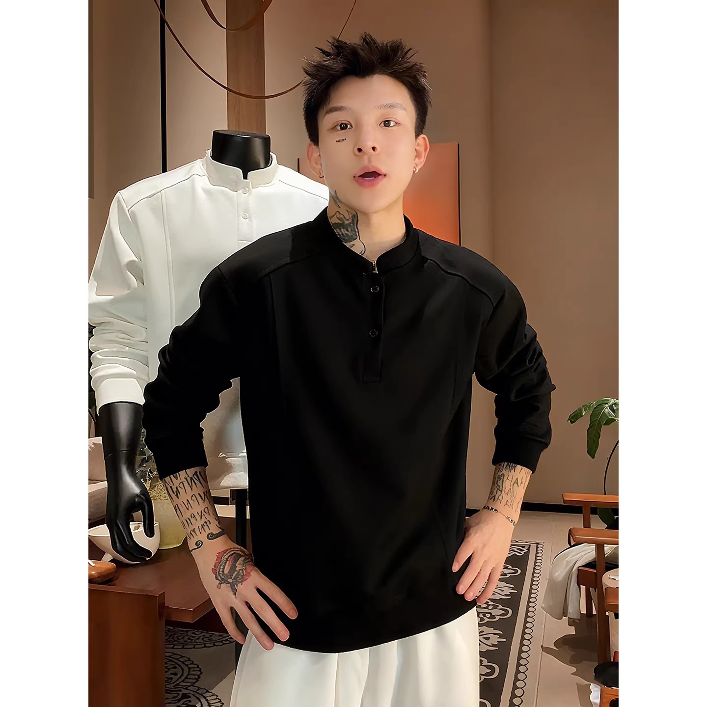 黑色解构正肩亨利领卫衣男秋冬加绒长袖T恤美式重磅修身显瘦上衣