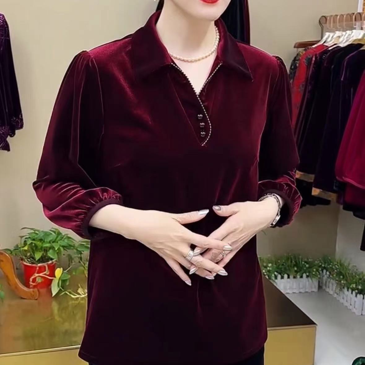 翻领扣子装饰时尚小衫打底宽松遮肉上衣秋冬女上衣洋气打底衫气质