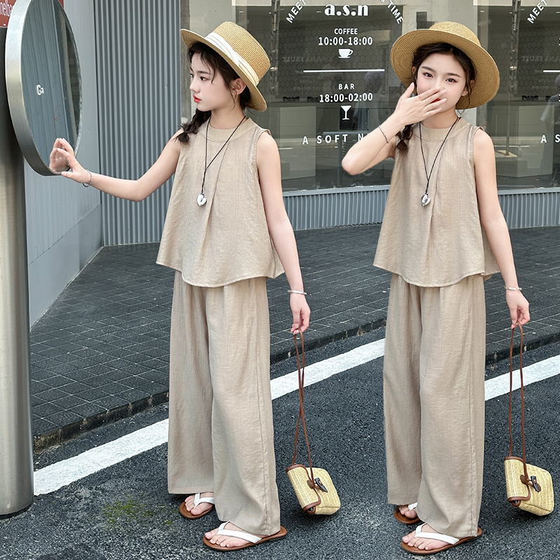 女童无袖套装夏装2025新款大童夏季女孩休闲裤夏天初中生两件套