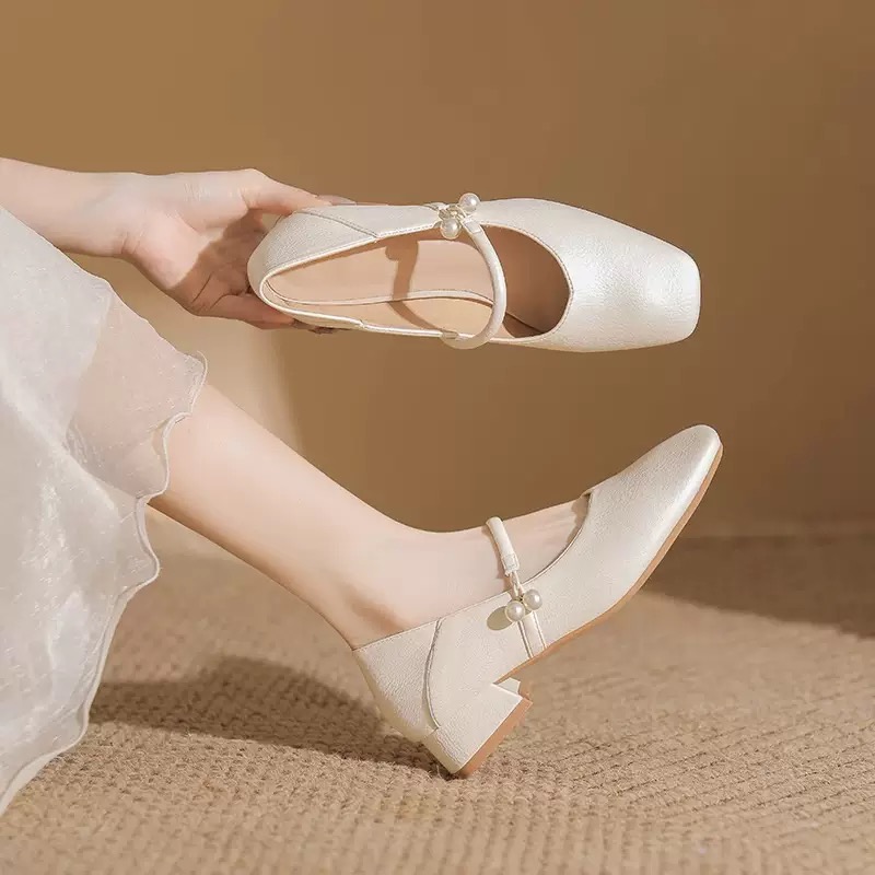 巨软真皮法式珍珠低跟方头粗跟玛丽珍鞋旗袍单鞋女新娘鞋通勤女鞋