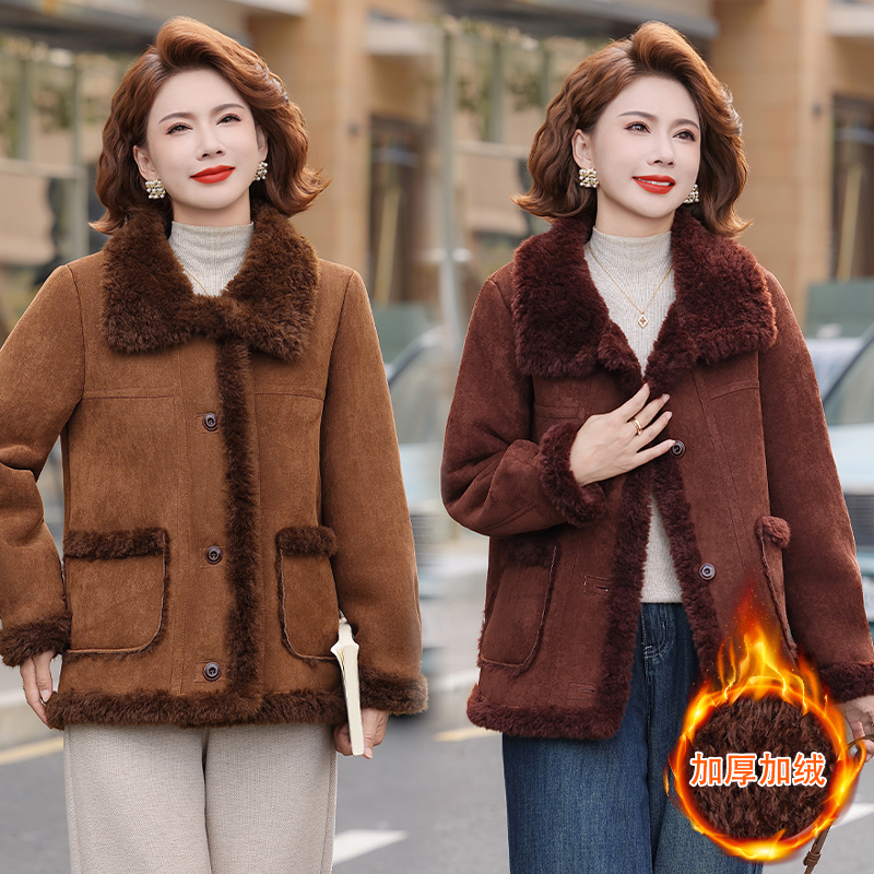 妈妈装时尚仿羊羔毛加厚外套女加绒冬季高级感休闲气质鹿皮绒棉服