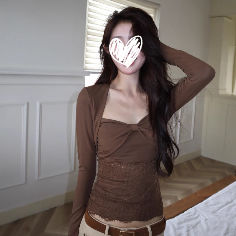 2025秋冬加绒加厚蕾丝拼接修身假两件长袖T恤显瘦纯欲百搭上衣