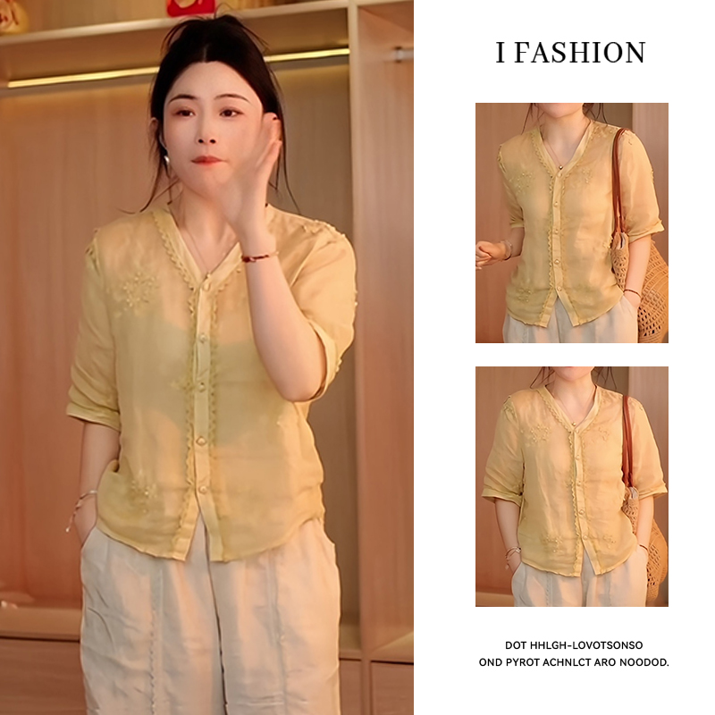 新中式洋气减龄衬衫女2025年夏季新款小个子时髦遮肉v领短袖上衣