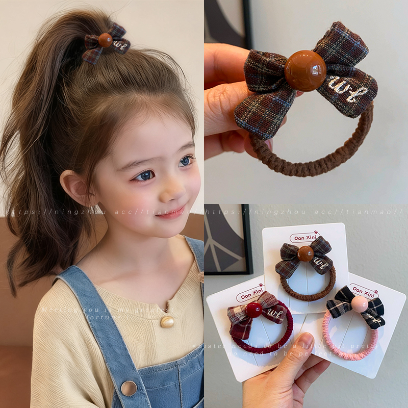高马尾发绳格纹珠珠蝴蝶结发圈女儿童头绳扎头发皮筋不伤发高弹力