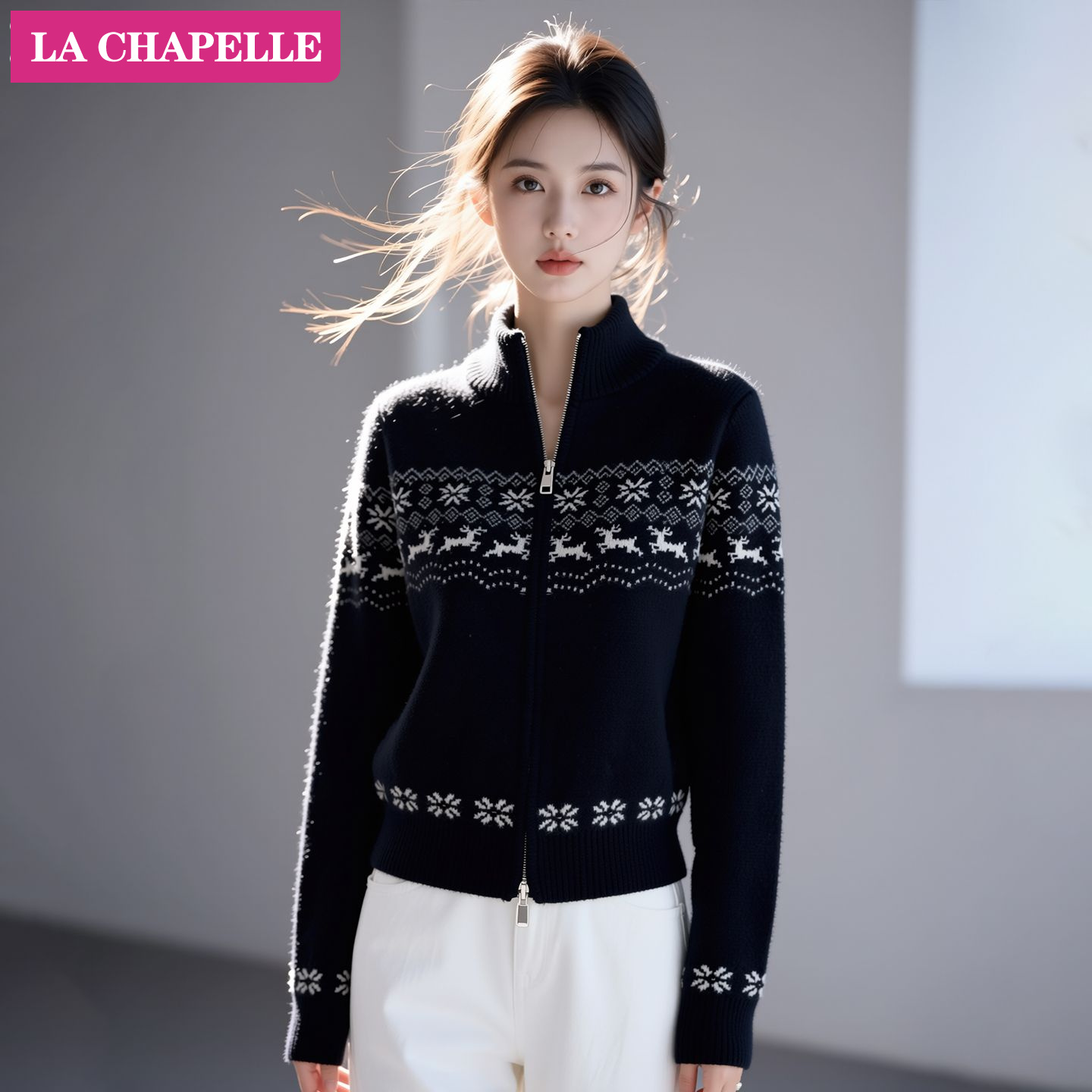 拉夏贝尔韩系双拉链圆领长袖针织衫女2025冬季新款费尔岛洋气毛衣