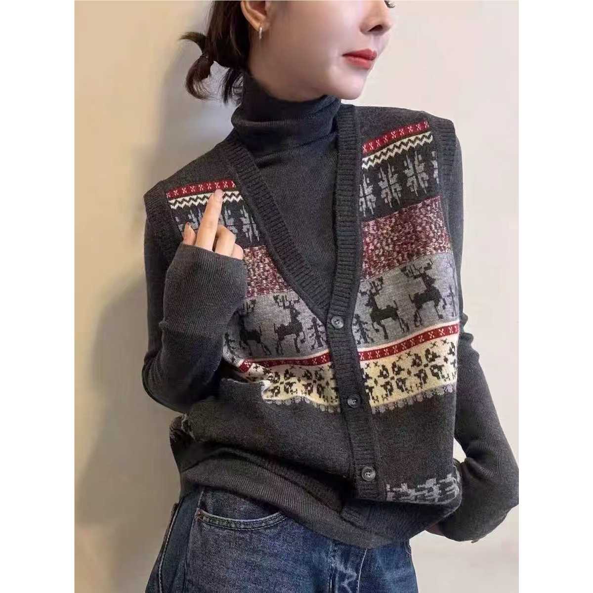 2025新款韩版时尚百搭宽松休闲V领拼色长袖针织衫两件套