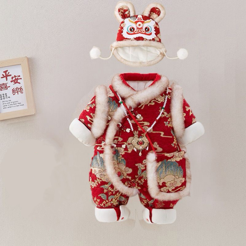 婴幼儿冬季连体衣中国风满月服装新年外出爬服哈衣新年衣服宝宝