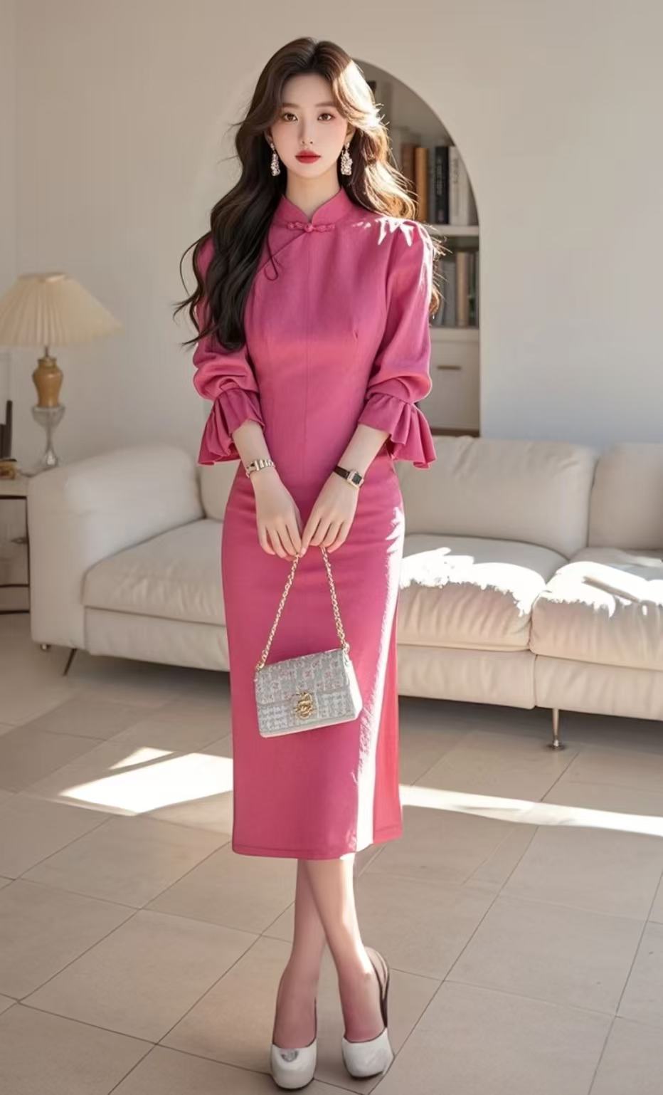 SS899ins新中式女装国风玫红色衬衫连衣裙漂亮独特气质名媛长裙子