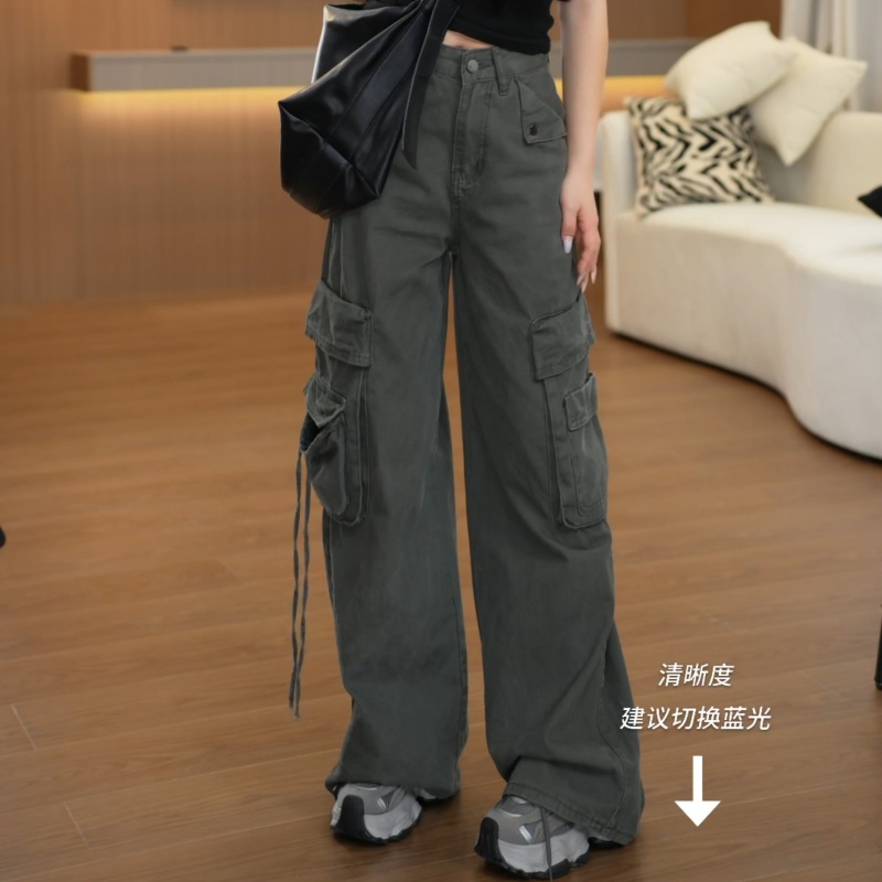 新款美式复古多口袋牛仔工装裤女宽松直筒拖地长裤LK2505291