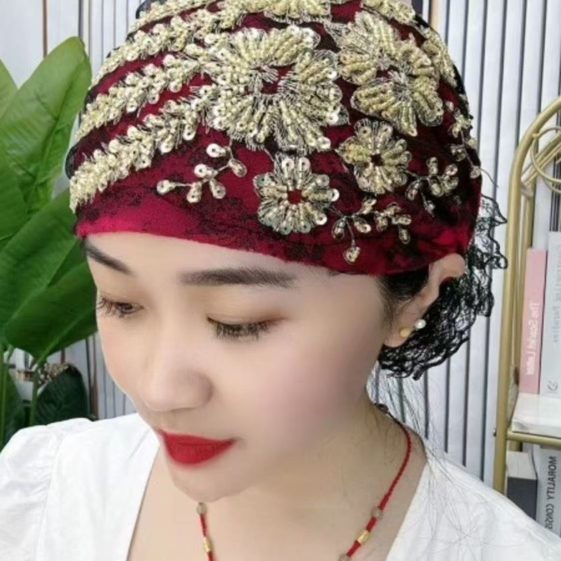 洋气包头帽爆款束发凤尾拼接后花包头巾亮片妈妈蕾丝白发帽子透气